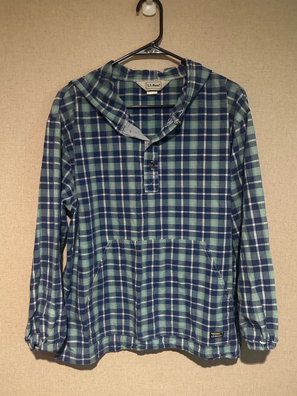 L.L. Bean XL Blue Green Plaid Hooded Half Button Pullover Shirt